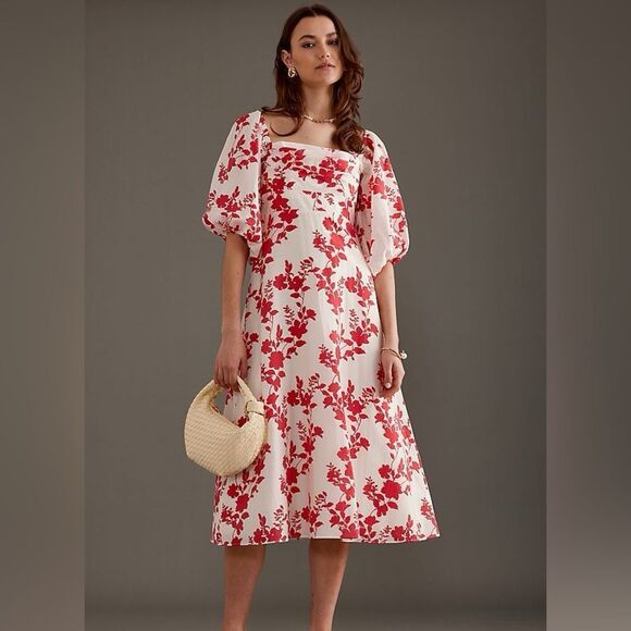 Nobody's Child Floral Off-Shoulder Dress in Red and Cream - Picture 2 of 6